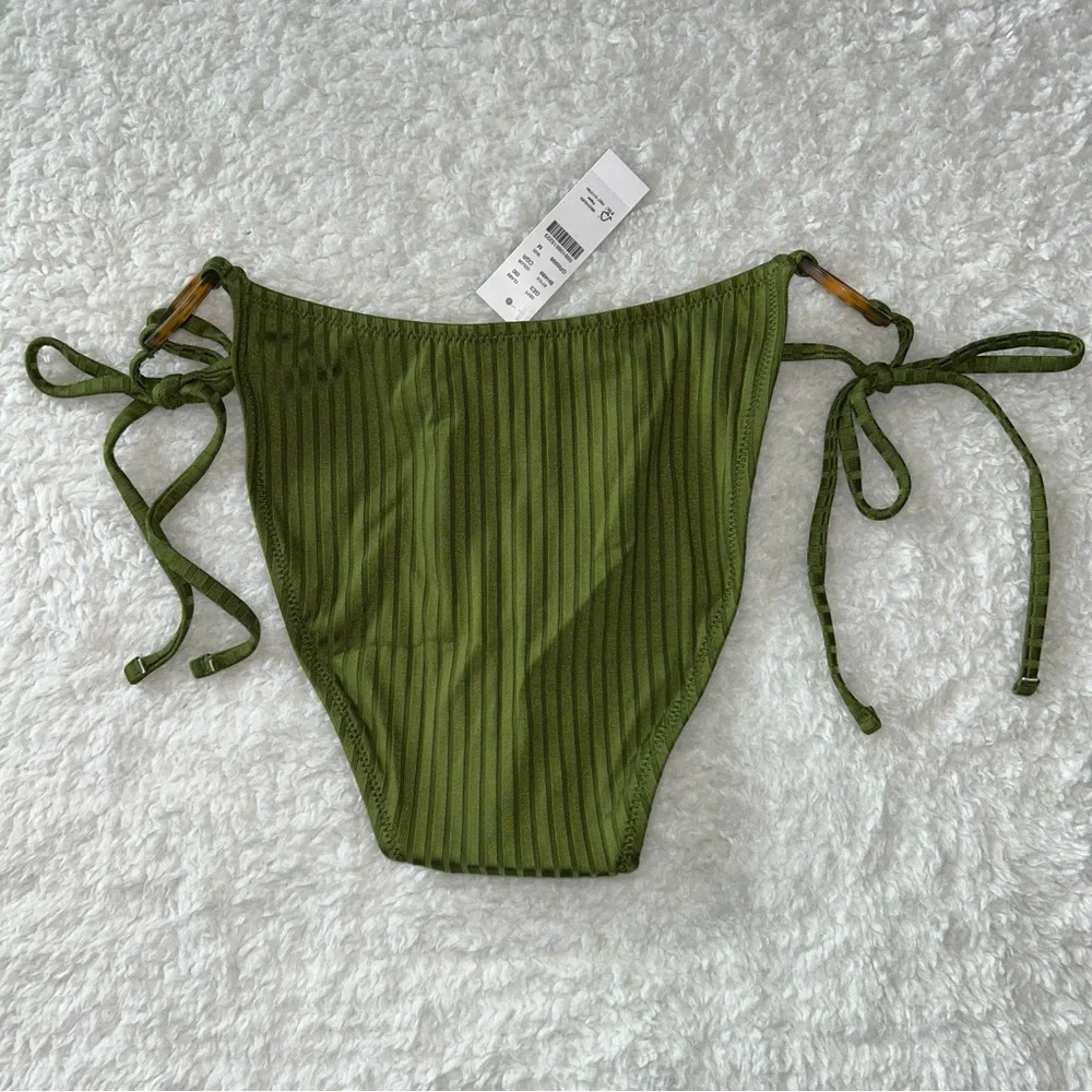 J. Crew Wide Rib Curved Waist Cheeky String Bikini Bottom Size Medium NWT - Picture 2 of 5